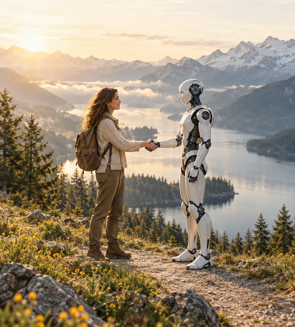 Człowiek i robot witają się na tle gór i jeziora