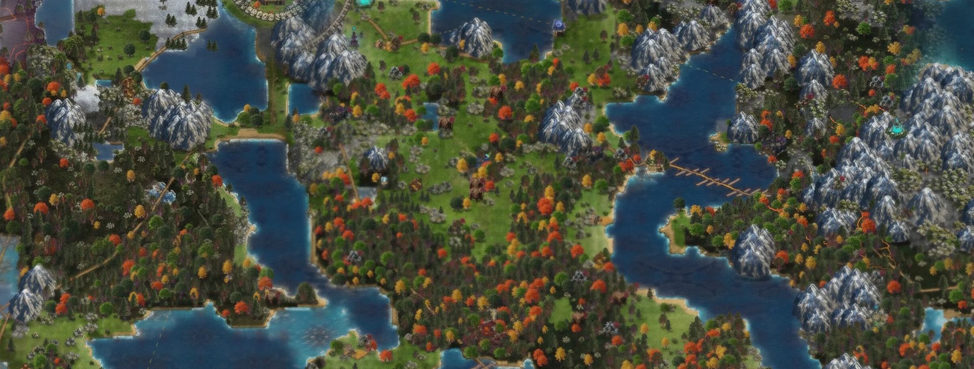 Mapa świata Ezostylia Kingdoms — malowane góry, jeziora i lasy z zamkami graczy