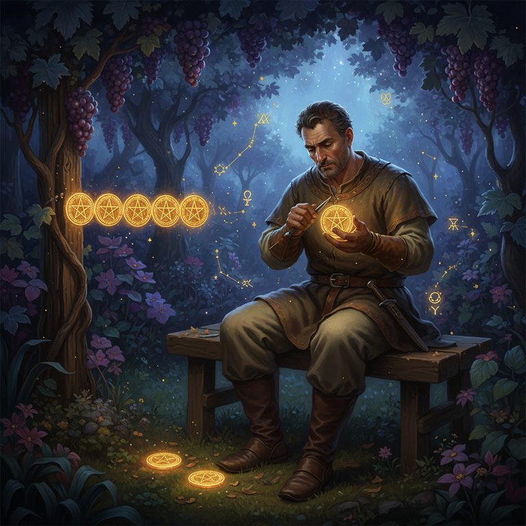 Tarotkarte Acht der Münzen — Große Arkana
